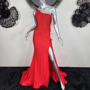 NWT~$575~CLARISSE~SZ 4~RED RHINESTONE ONE SHOULDER SLIT PROM EVENING GOWN DRESS